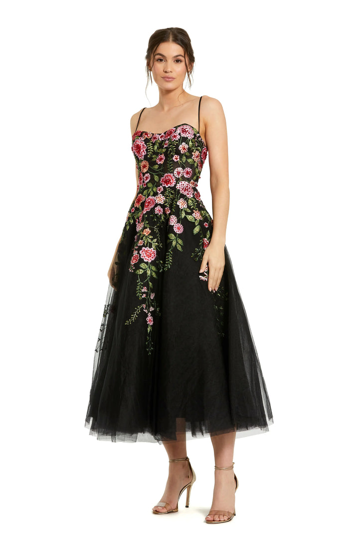 Black Multicolor Bustier Embroidered Floral A-Line Dress