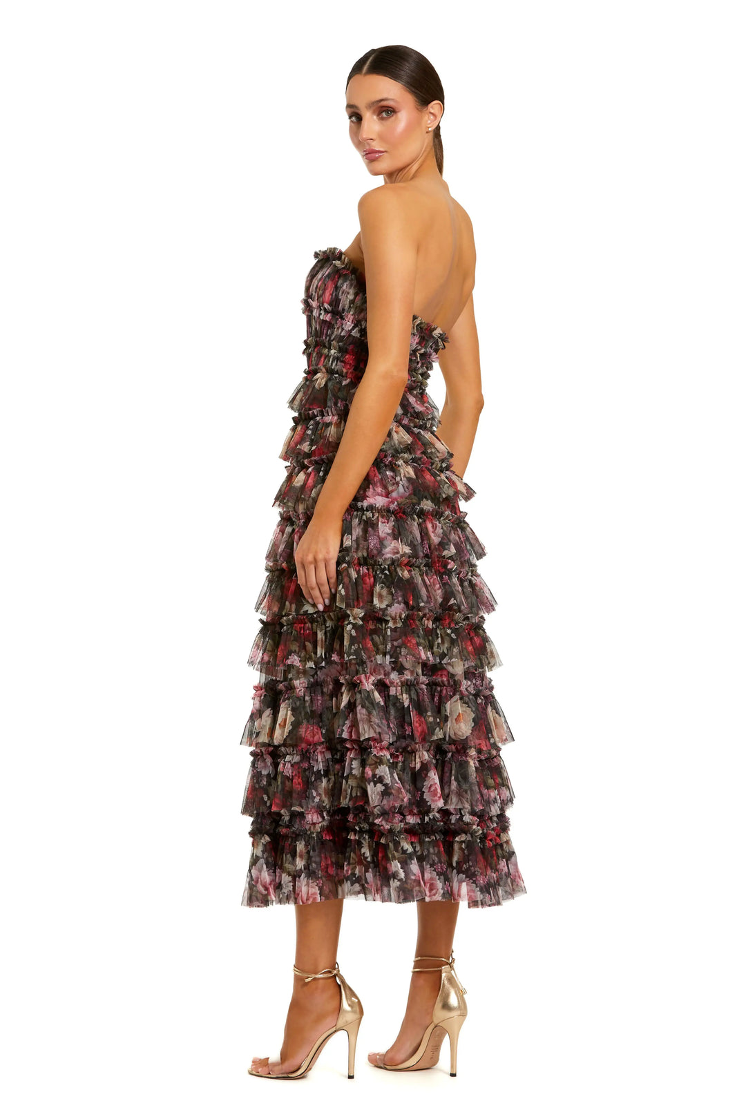Black Multicolor Strapless Micro Ruffle A Line Midi Dress