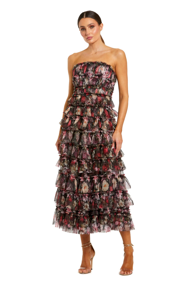 Black Multicolor Strapless Micro Ruffle A Line Midi Dress