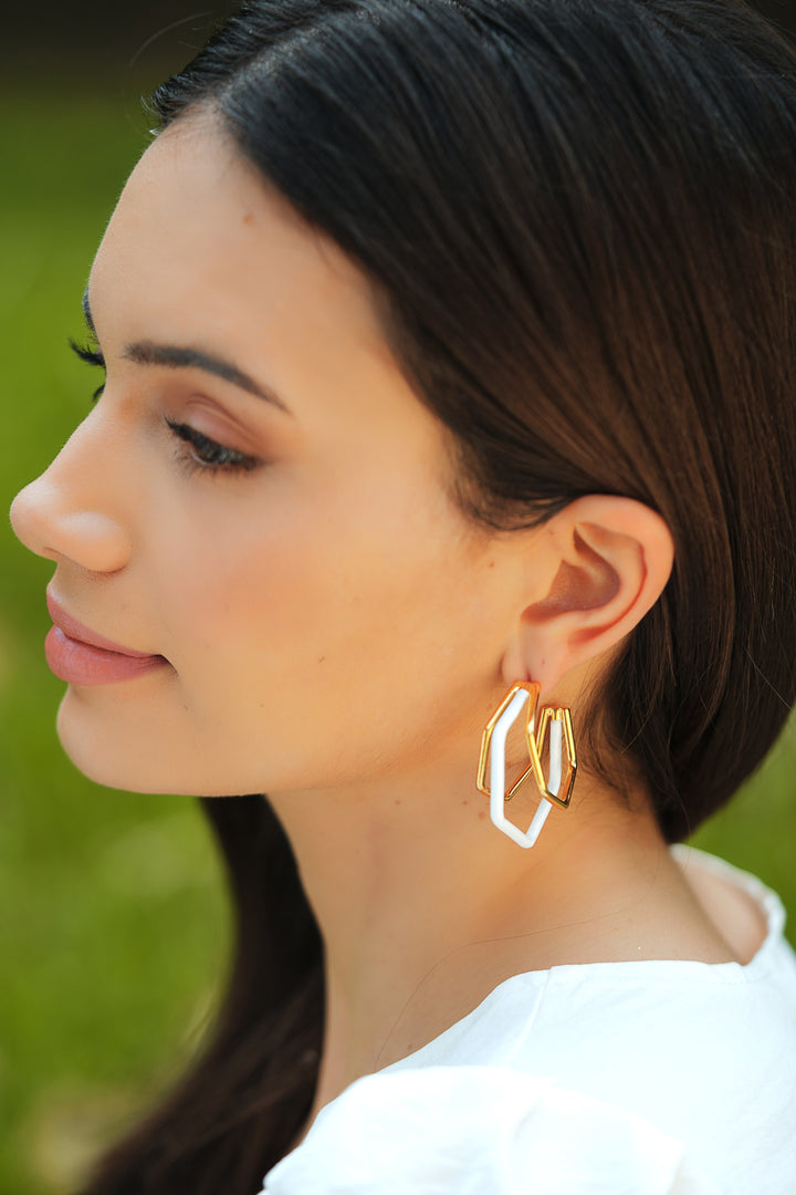 Small Trio White Enamel Gold Hoops