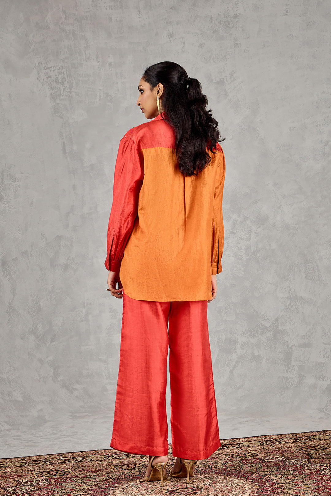 Burnt Orange And Red Colour Block Embroidered Co-ord Set