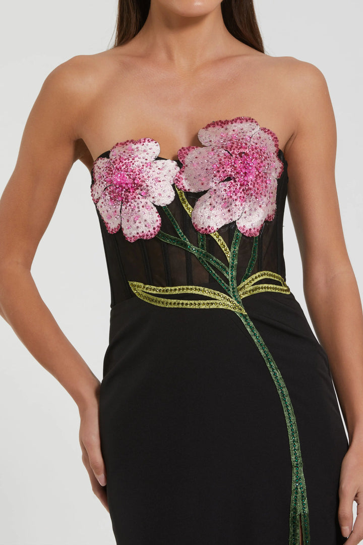 Black Strapless Embroidered Bustier Gown