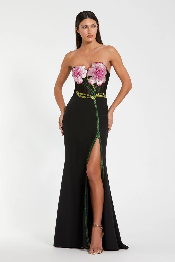 Black Strapless Embroidered Bustier Gown
