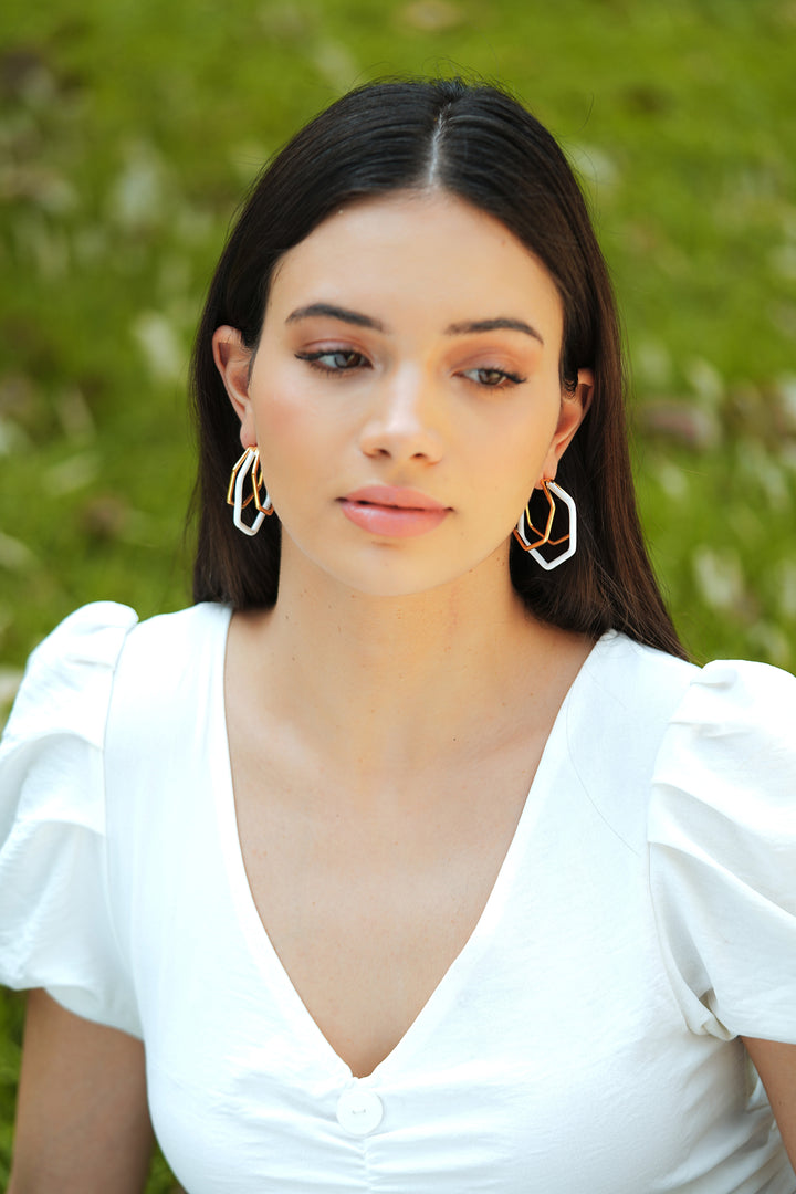 Small Trio White Enamel Gold Hoops