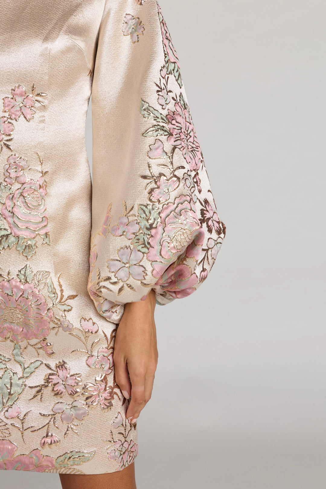 Ivory Brocade High Neck Long Sleeve Mini Dress