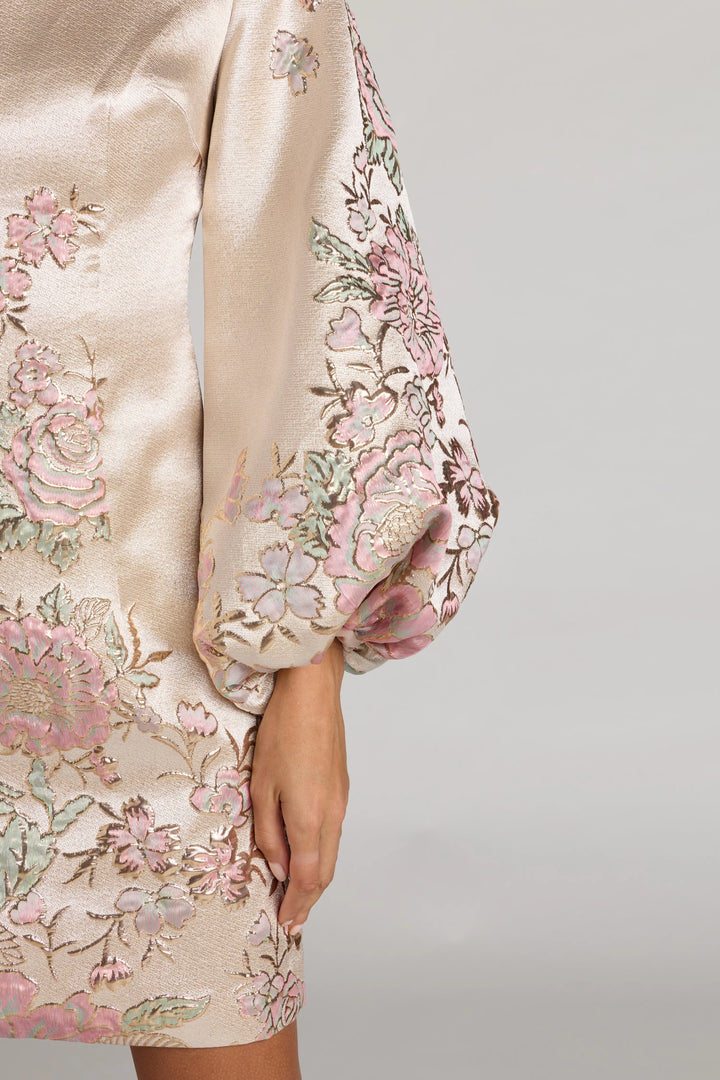 Ivory Brocade High Neck Long Sleeve Mini Dress
