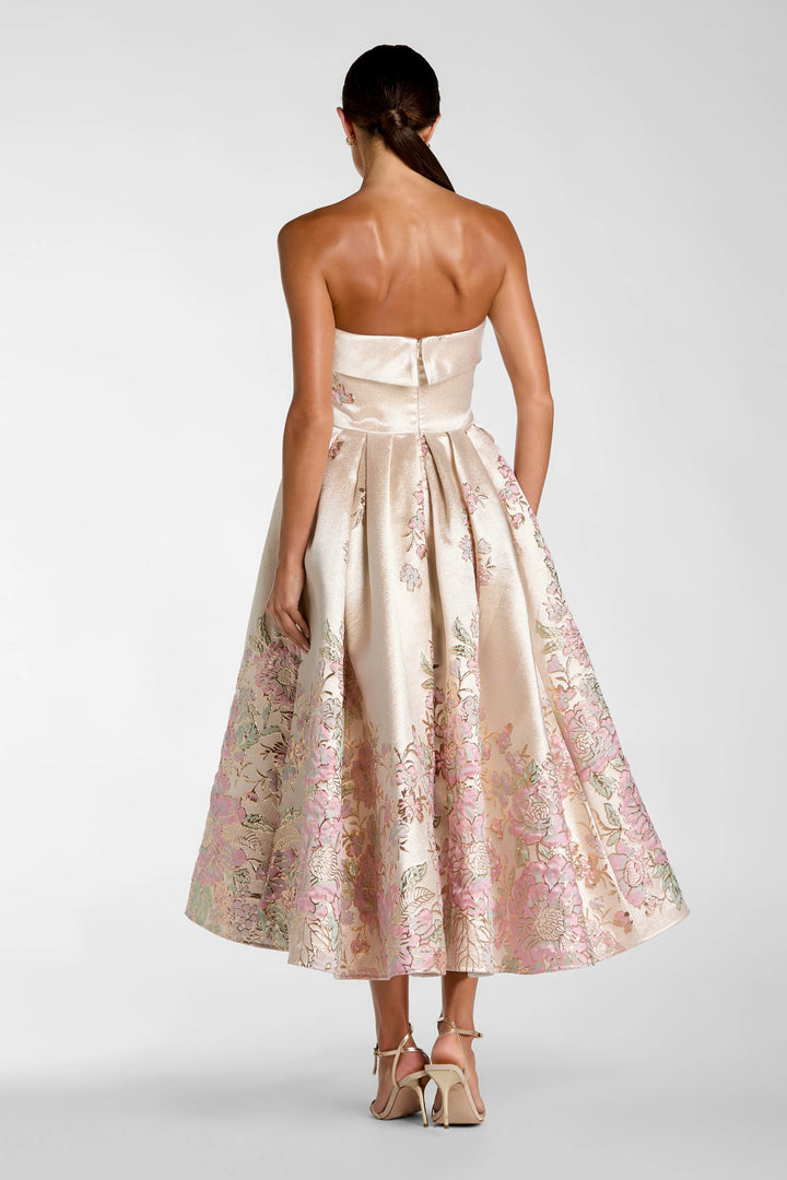 Ivory Strapless Brocade A Line Midi Dress