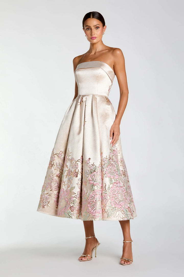 Ivory Strapless Brocade A Line Midi Dress