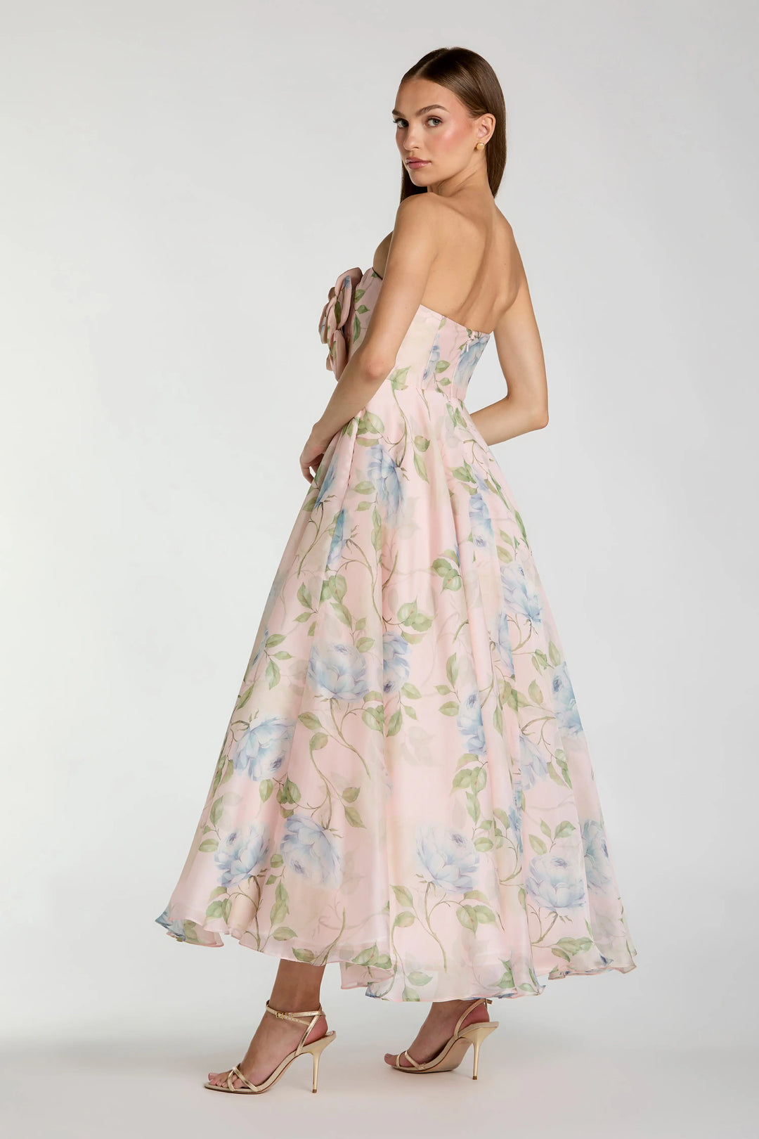 Pink Strapless Floral Organza Midi Dress With Flower