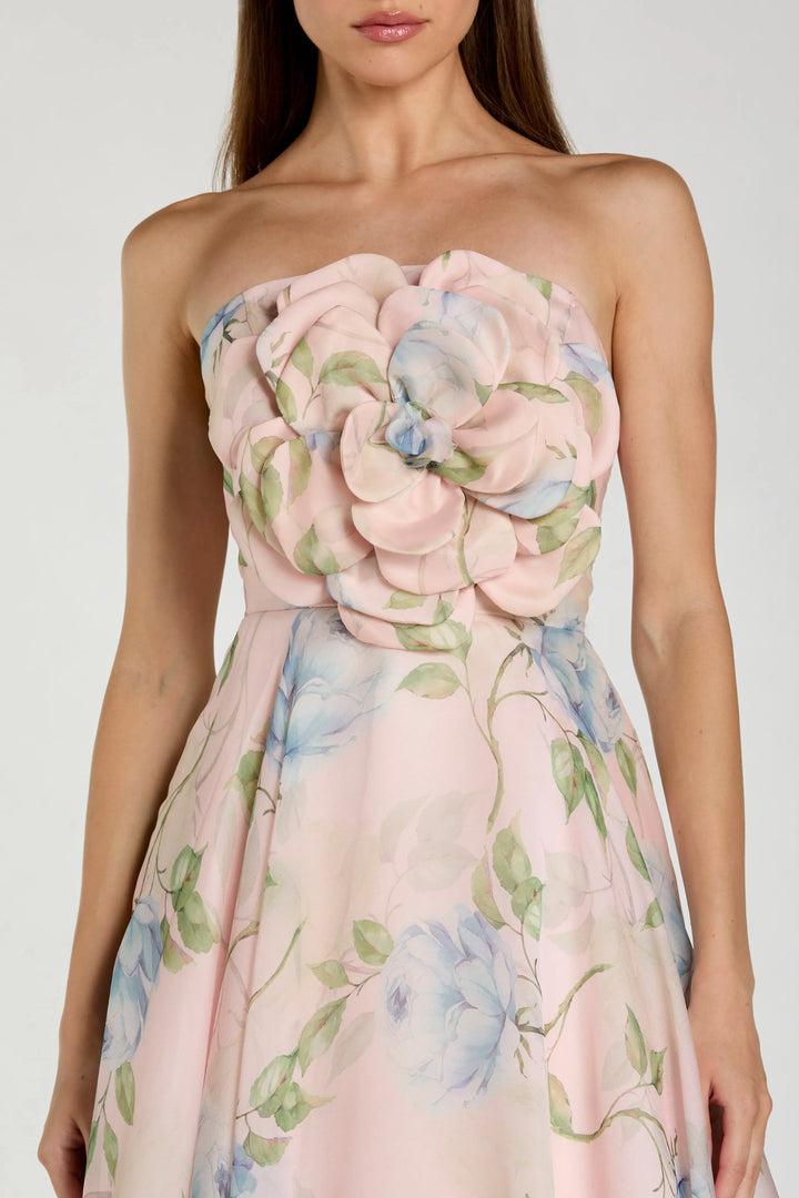Pink Strapless Floral Organza Midi Dress With Flower