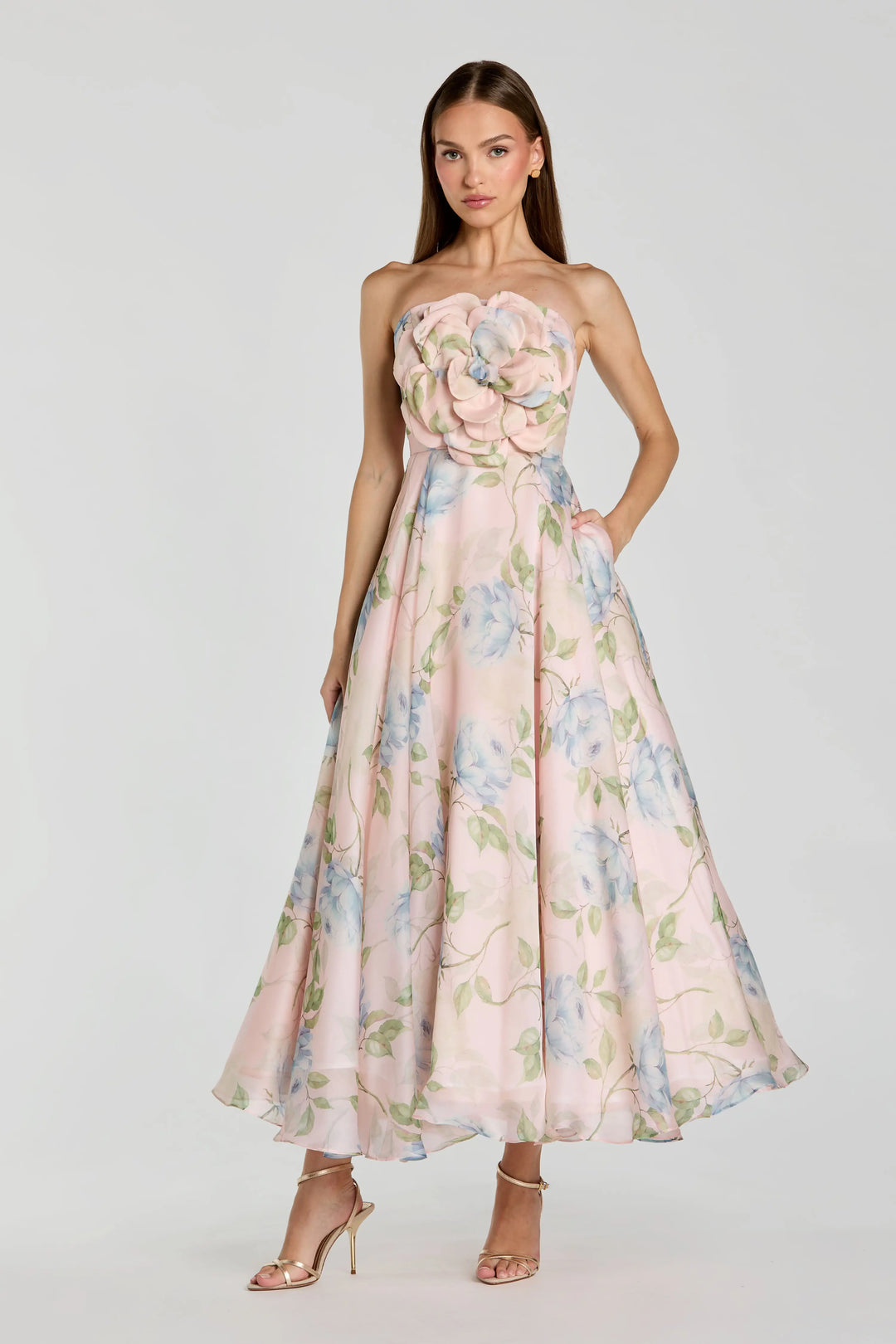 Pink Strapless Floral Organza Midi Dress With Flower