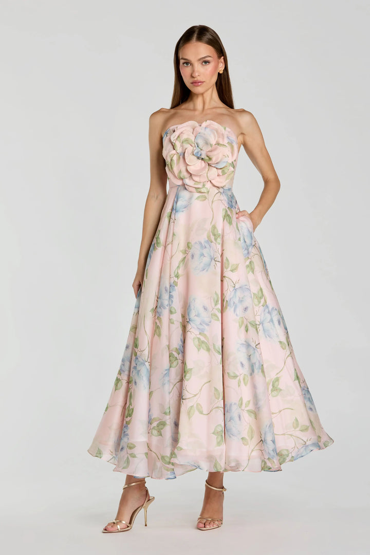 Pink Strapless Floral Organza Midi Dress With Flower