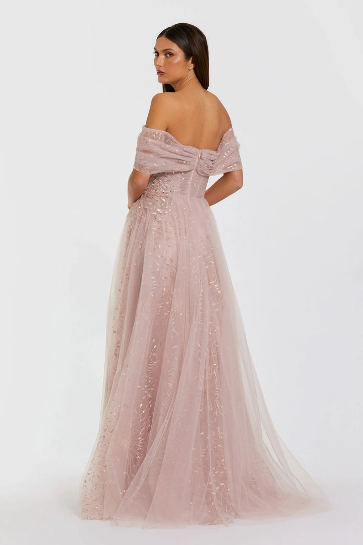 Pink Embroidered Tulle Off The Shoulder Ball Gown