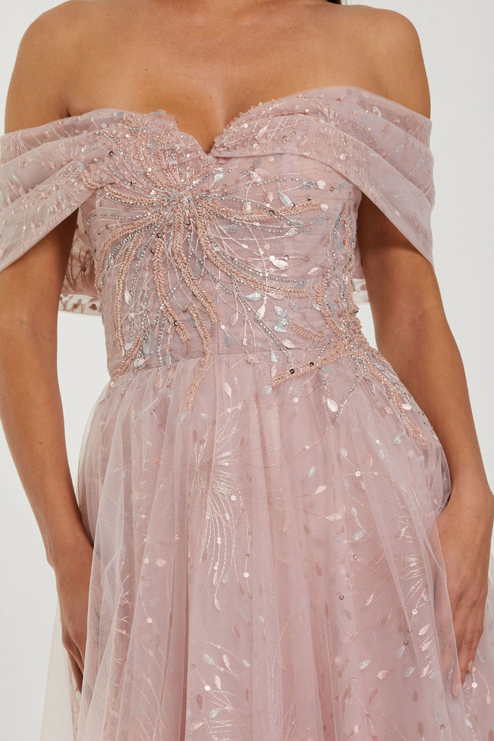Pink Embroidered Tulle Off The Shoulder Ball Gown
