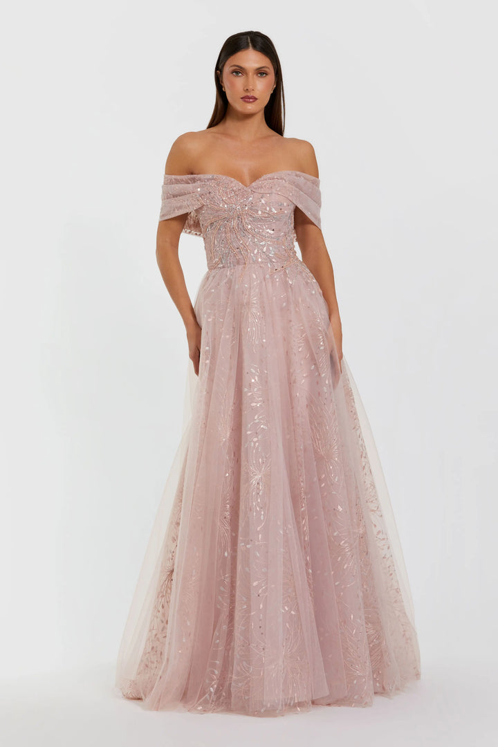 Pink Embroidered Tulle Off The Shoulder Ball Gown