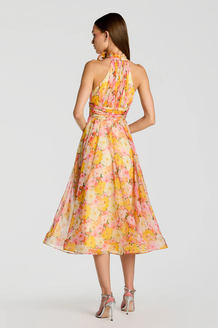 Multicolor Floral Halter Neck Midi Dress With 3D Flower