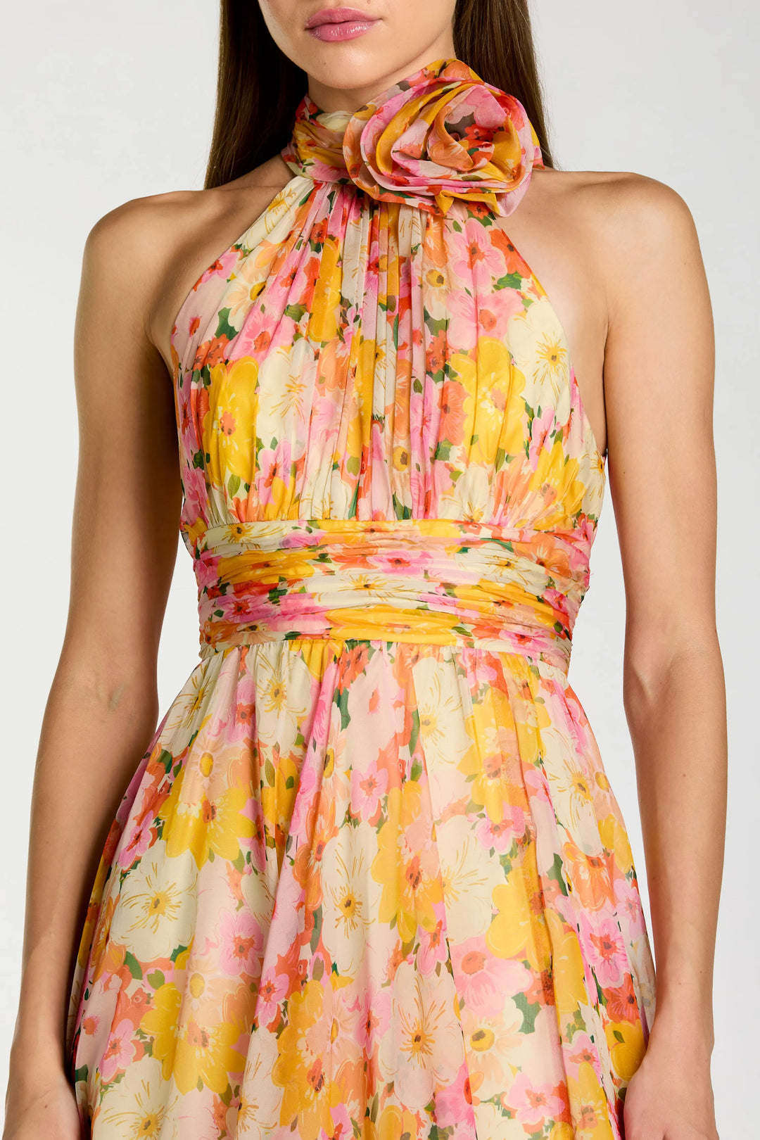 Multicolor Floral Halter Neck Midi Dress With 3D Flower