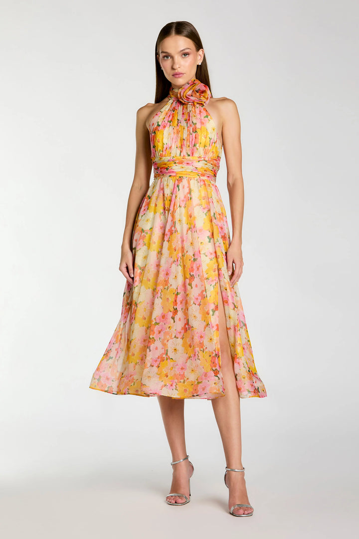 Multicolor Floral Halter Neck Midi Dress With 3D Flower