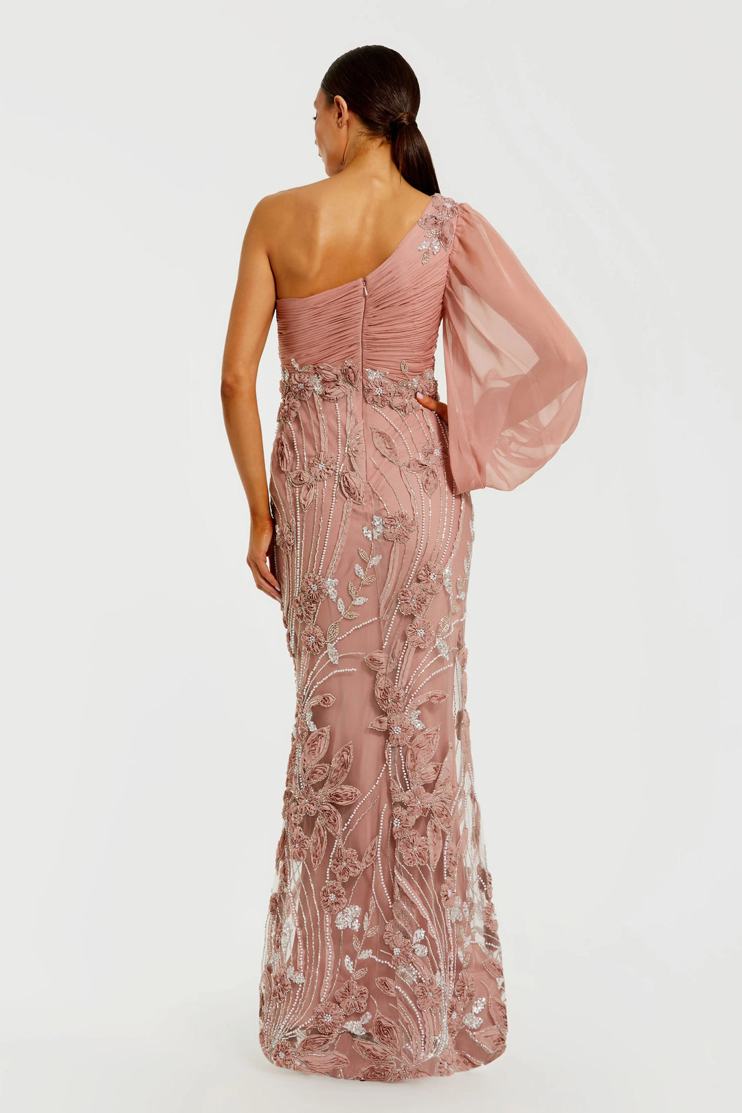 Pink One Sleeve Chiffon Embellished Gown