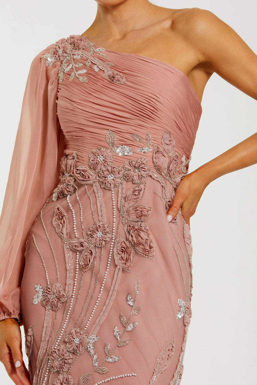 Pink One Sleeve Chiffon Embellished Gown