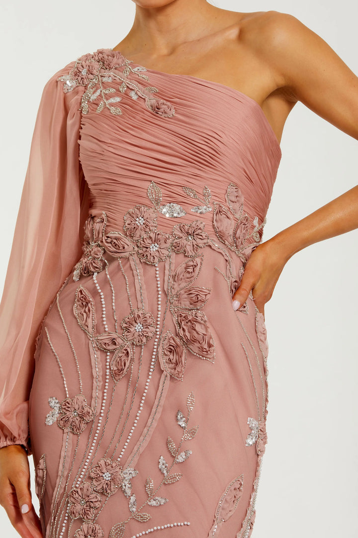 Pink One Sleeve Chiffon Embellished Gown