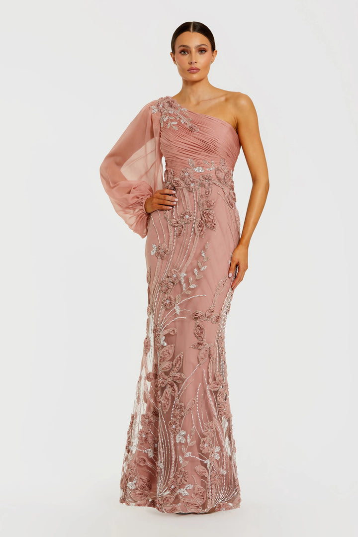 Pink One Sleeve Chiffon Embellished Gown