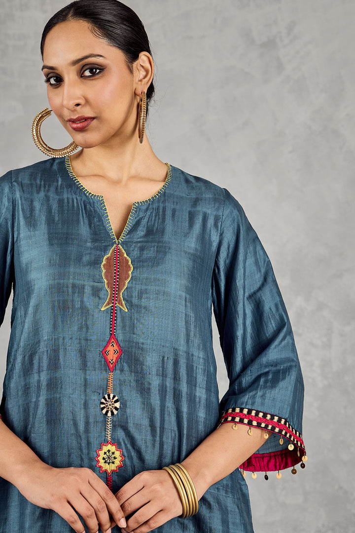 Blue Fish Patch Embroidery Short Tunic Set