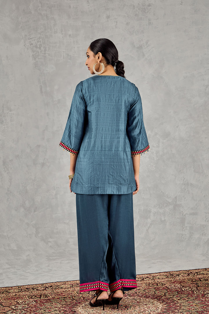 Blue Fish Patch Embroidery Short Tunic Set