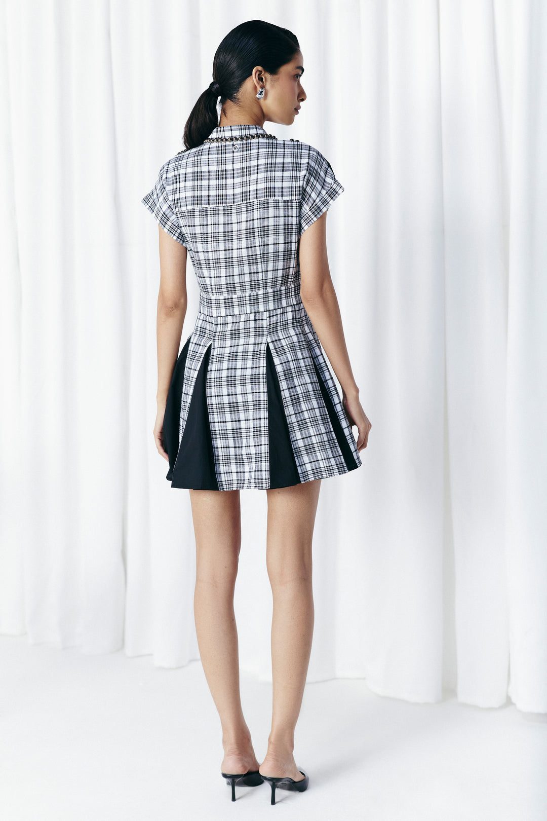 CHECK & SOLID PANEL STUDDED DRESS