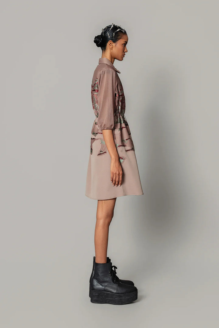 Brown hokusai embroidered short dress