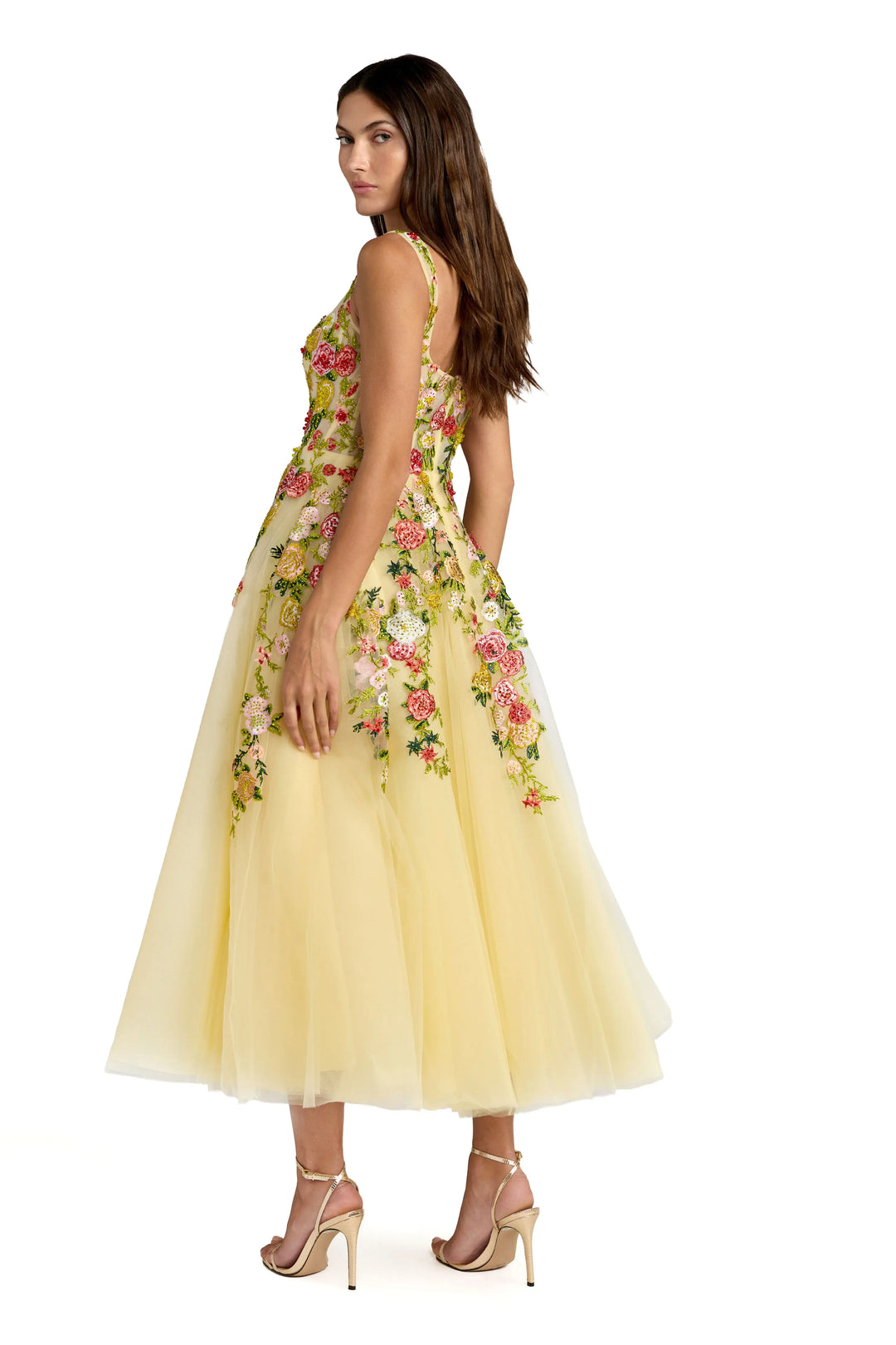 Yellow Embroidered Tulle A-Line Midi Dress