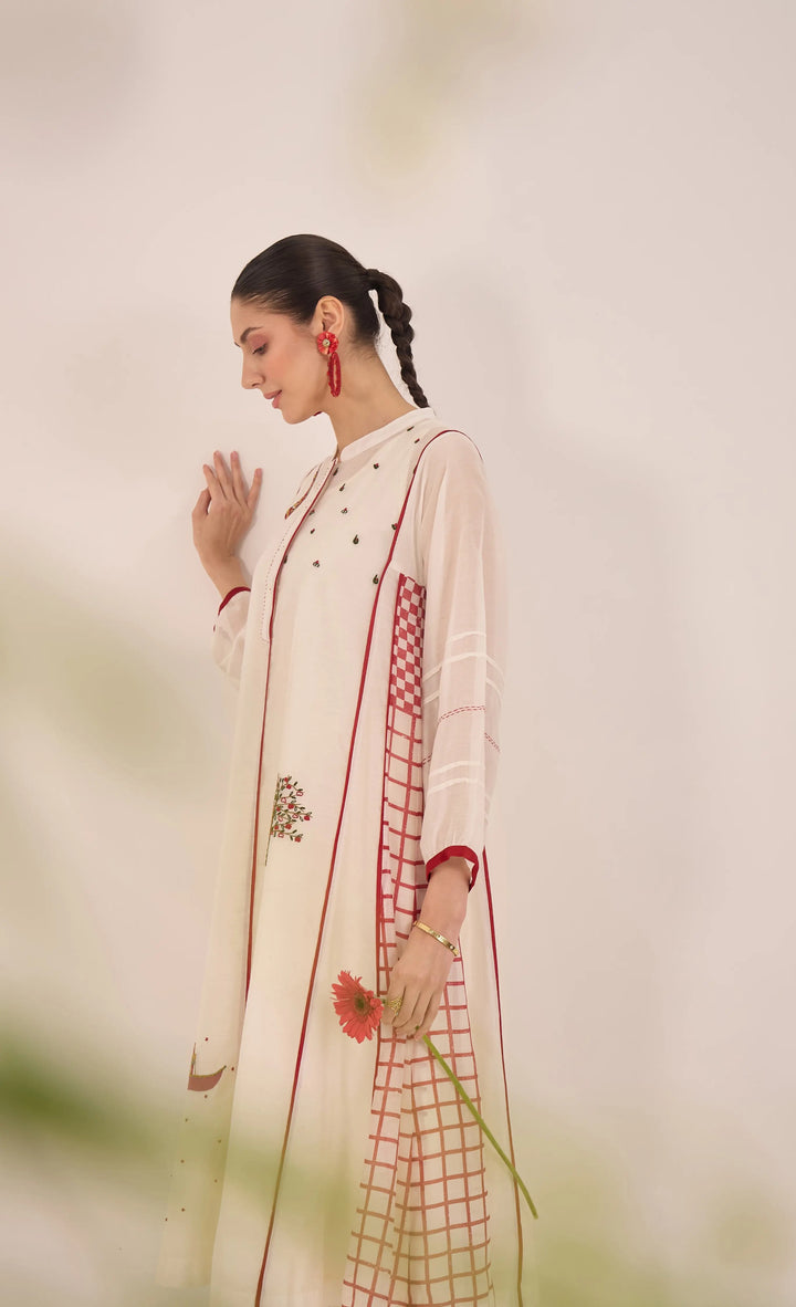 Firdaus: Chanderi Side Check Kali Embroidered Kurta Set Ivory And Red