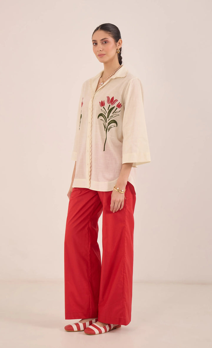 Dal: Cotton Floral Shirt Coord Set - Ivory