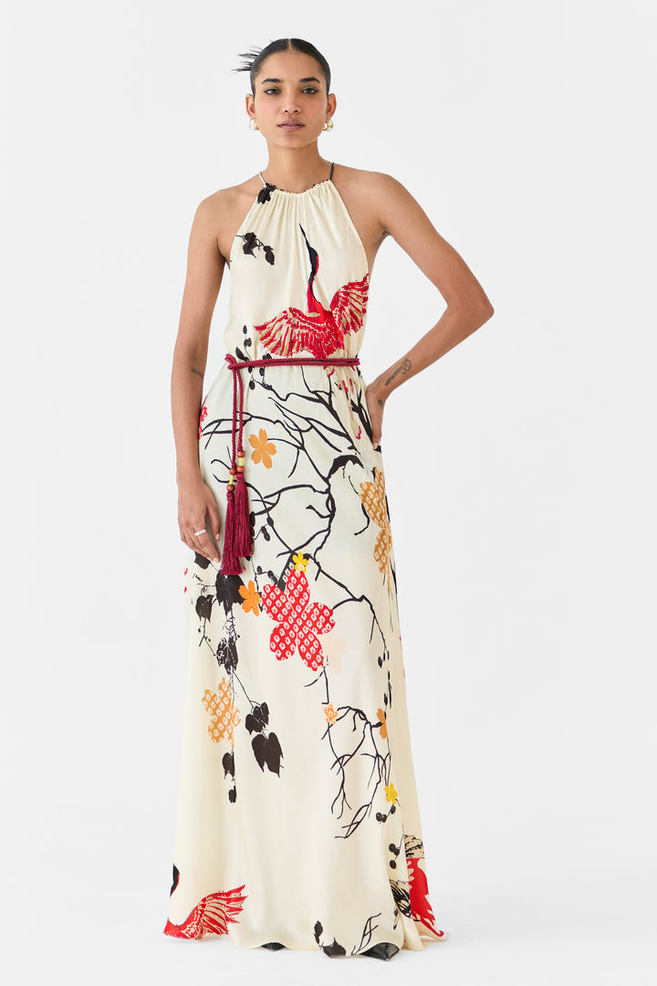 RED CRANE HALTER DRESS