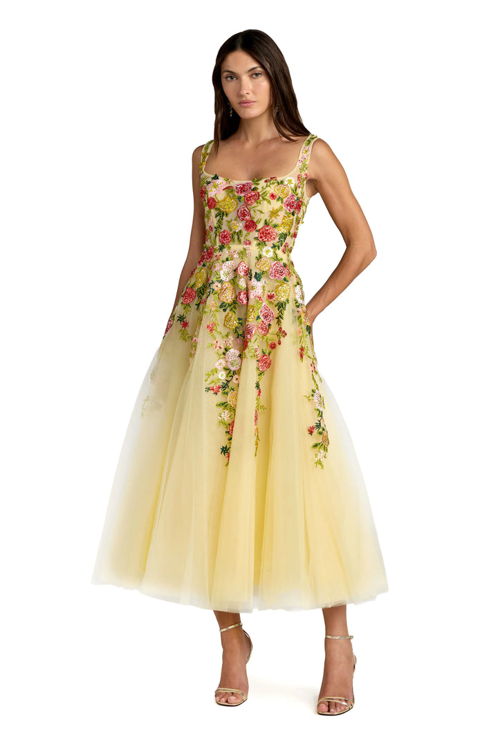 Yellow Embroidered Tulle A-Line Midi Dress