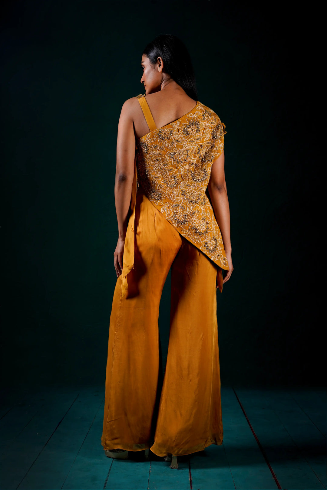 "Solenne" one shoulder cape with pants and bustier
