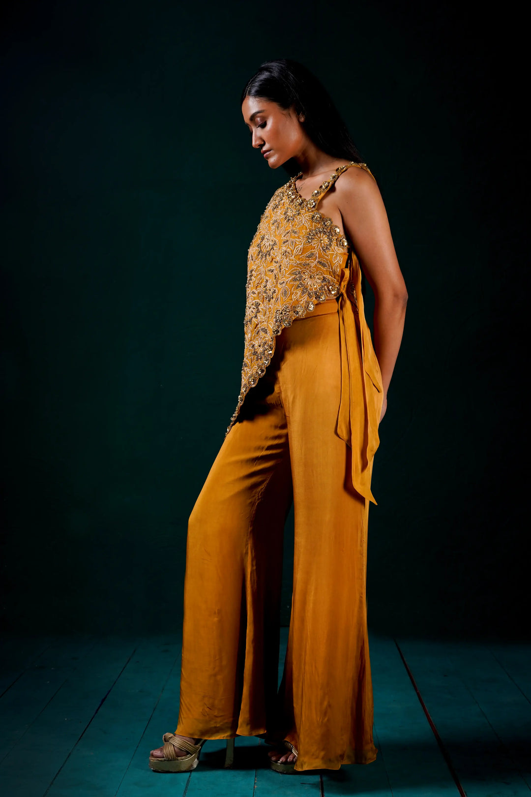 "Solenne" one shoulder cape with pants and bustier