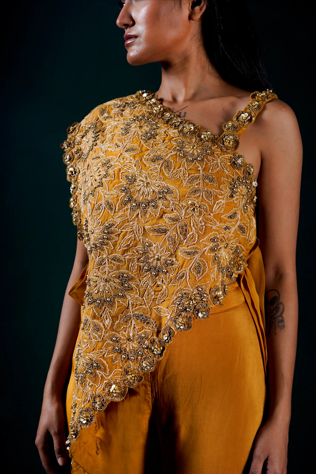 "Solenne" one shoulder cape with pants and bustier