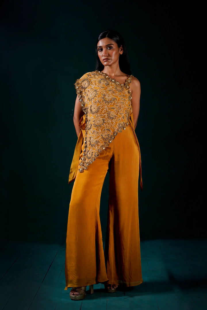 "Solenne" one shoulder cape with pants and bustier