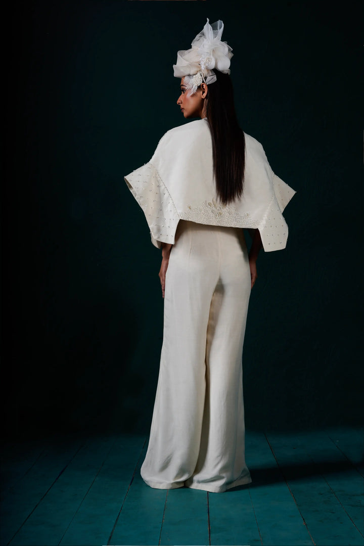 "Halo" cape jacket with bustier and pants