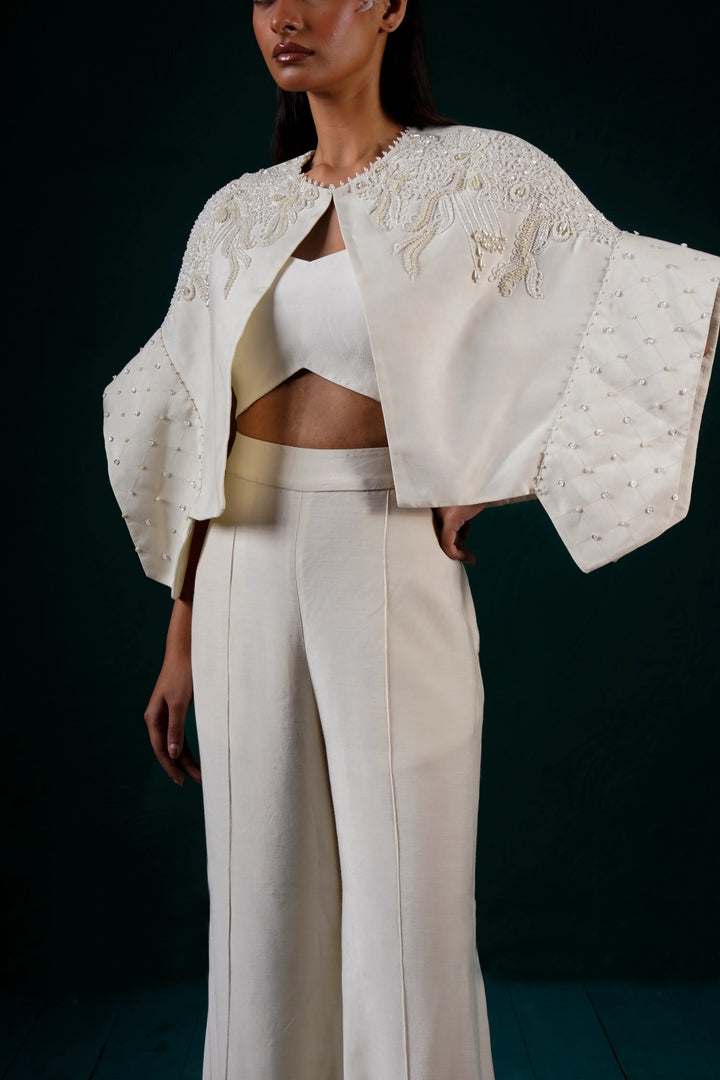"Halo" cape jacket with bustier and pants