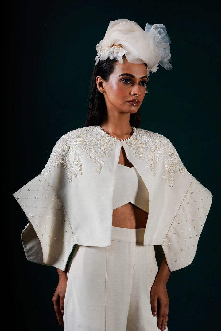 "Halo" cape jacket with bustier and pants