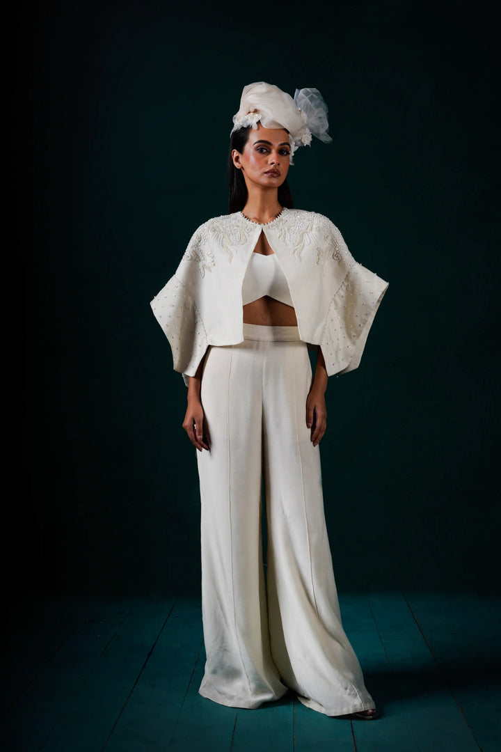 "Halo" cape jacket with bustier and pants