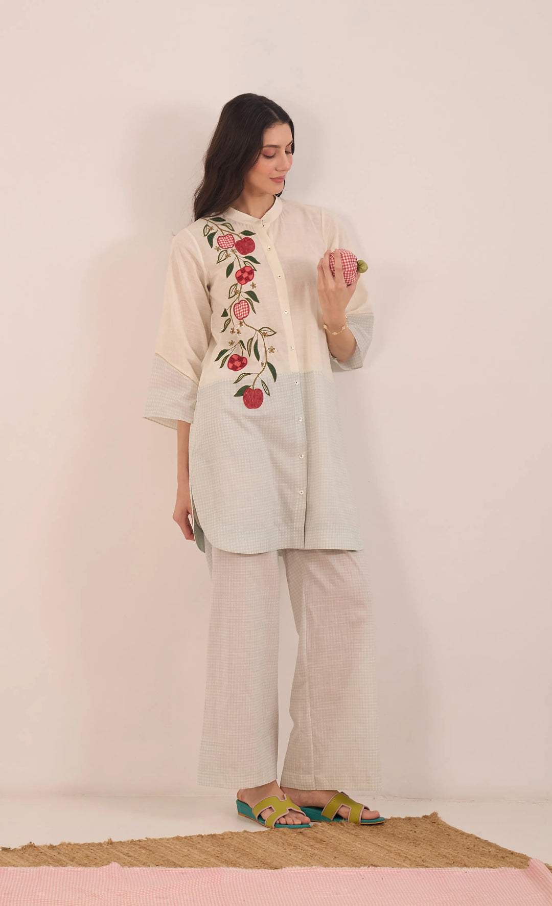 Poma: Cotton Shepherd Check With Apples Tunic- Powder Blue And Ivory