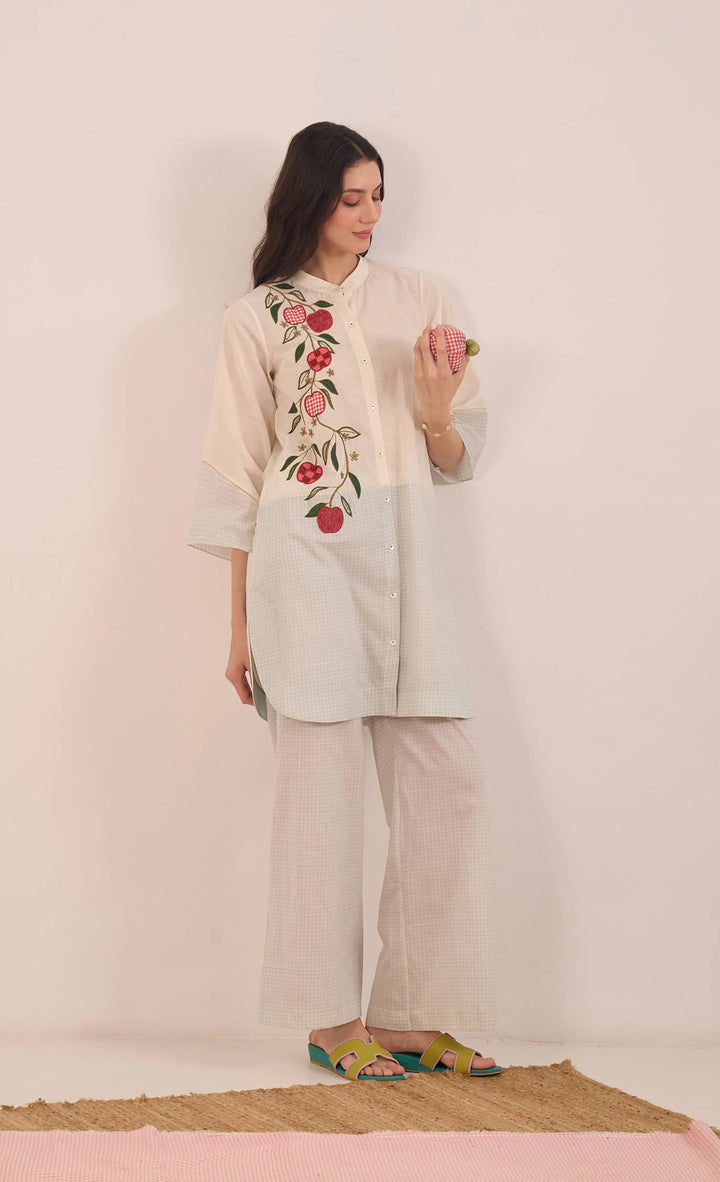 Poma: Cotton Shepherd Check With Apples Tunic- Powder Blue And Ivory