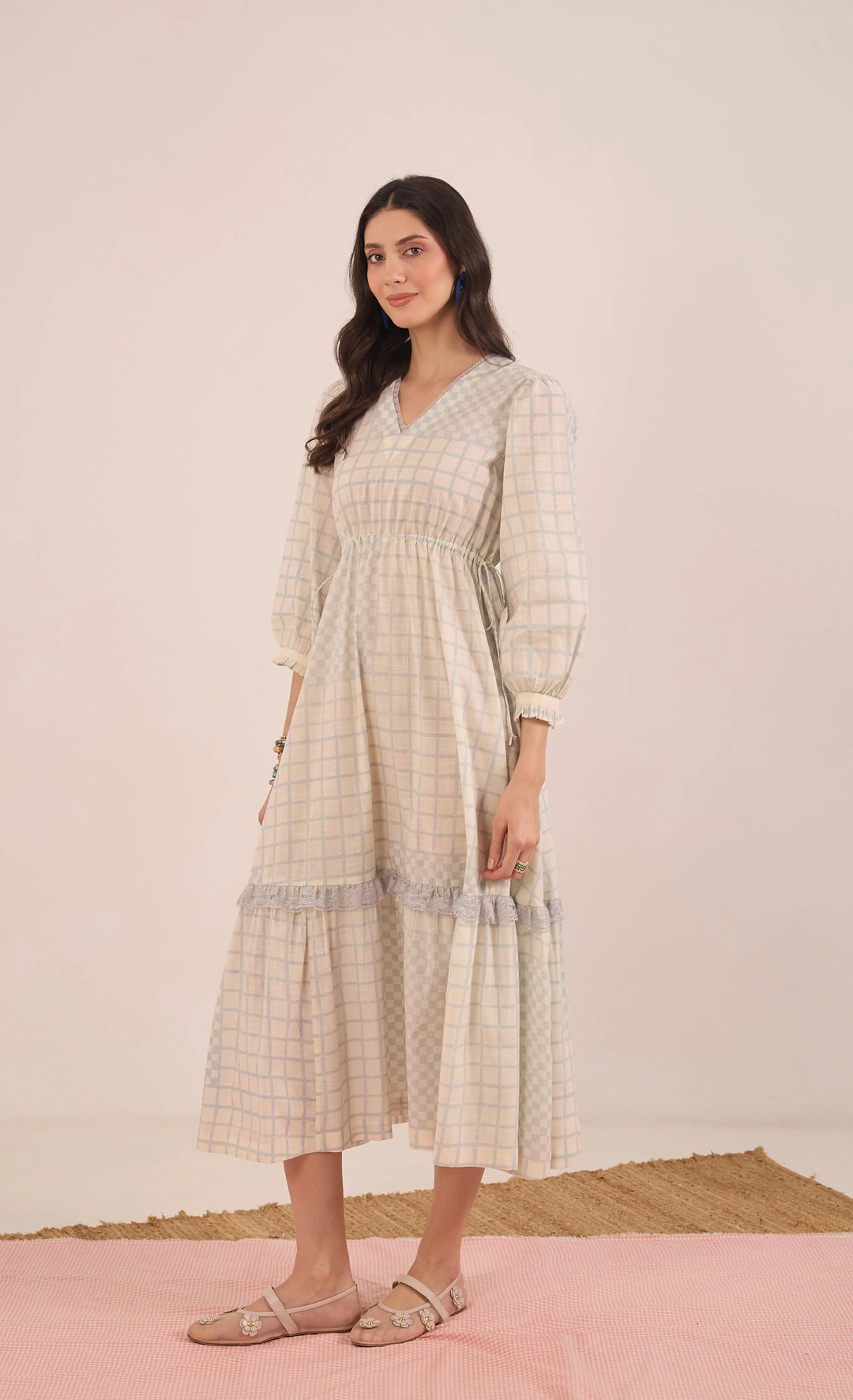 Sheen: Cotton Check Midi Dress V-Neck