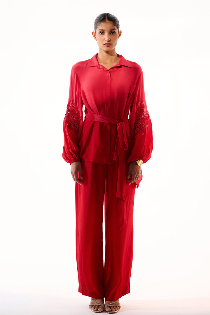 Sleeve Embroidered Coord Set -Ruby