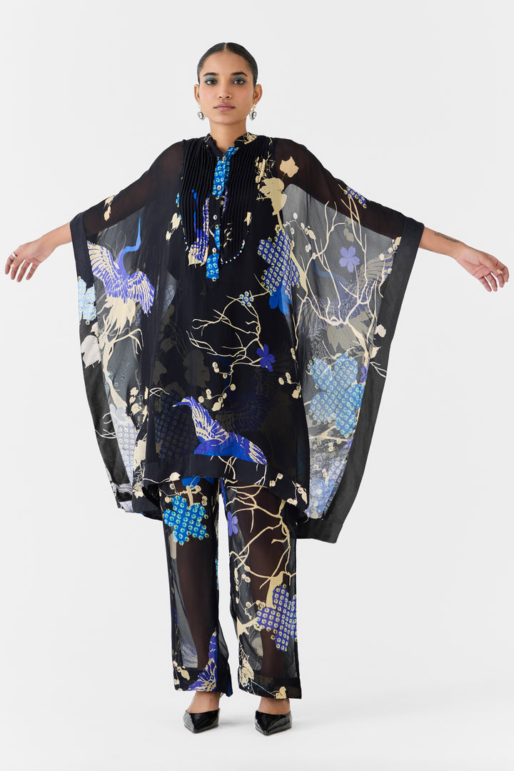 BLACK CRANE ORGANZA KIMONO & PANTS CO-ORD