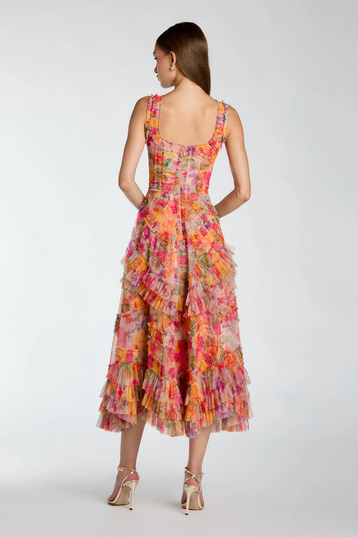Multicolor Floral Scoop Neck A-Line Ruffle Midi Dress
