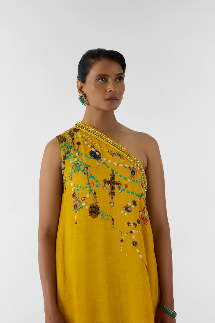 MUSTARD MAHARANI ONE SHOULDER KURTA & PANTS